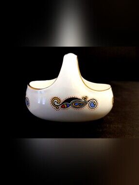 Vintage White Porcelain Accent Basket Trinket Dish with Blue and Gold Motif